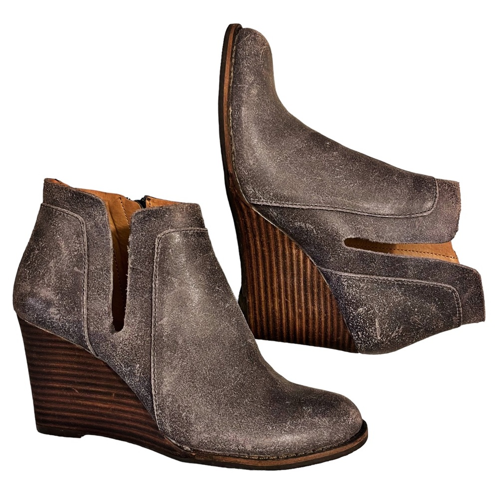 Women's Lucky Brand YABBA Ankle Boot STORM POWELL Wedge Stacked Leather Size 6.5 - Picture 3 of 12